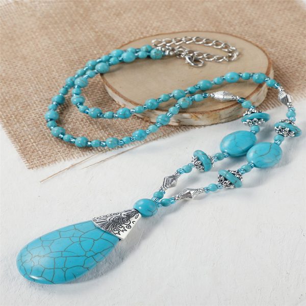 Turquoise & Silver-Plated Drop Pendant Necklace Fashion