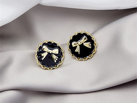 Black Enamel & 18K Gold-Plated Bow Round Stud Earring Supply