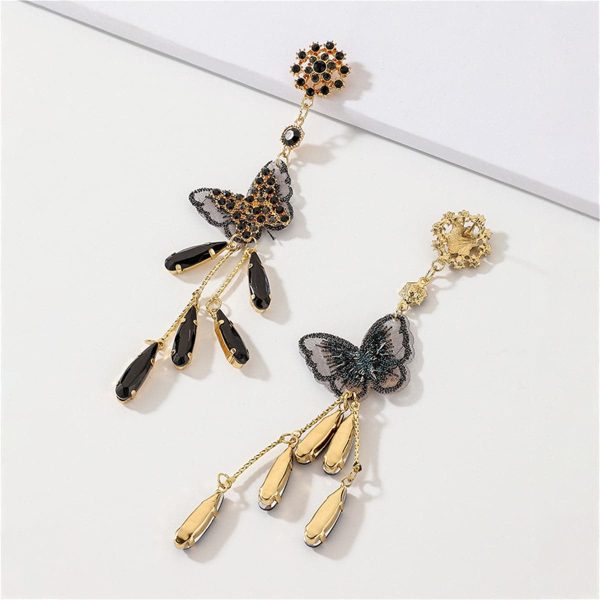 Black Cubic Zirconia & Black Crystal Butterfly Tassel Drop Earrings Sale