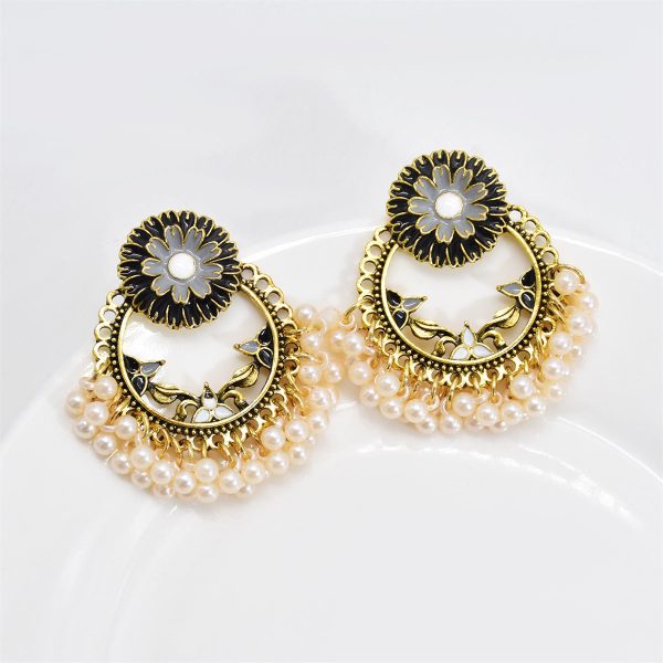 Black Enamel & Pearl 18K Gold-Plated Floral Wreath Drop Earrings Supply