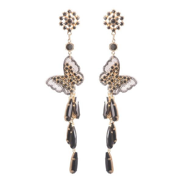 Black Cubic Zirconia & Black Crystal Butterfly Tassel Drop Earrings Sale