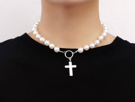 Pearl & Silver-Plated Cross Toggle Necklace Online Sale