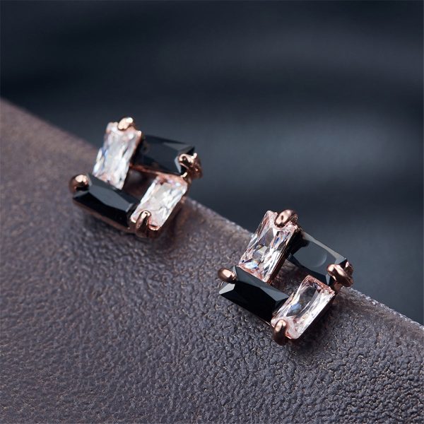 Black Cubic Zirconia & 18K Rose Gold-Plated Square Stud Earrings Fashion