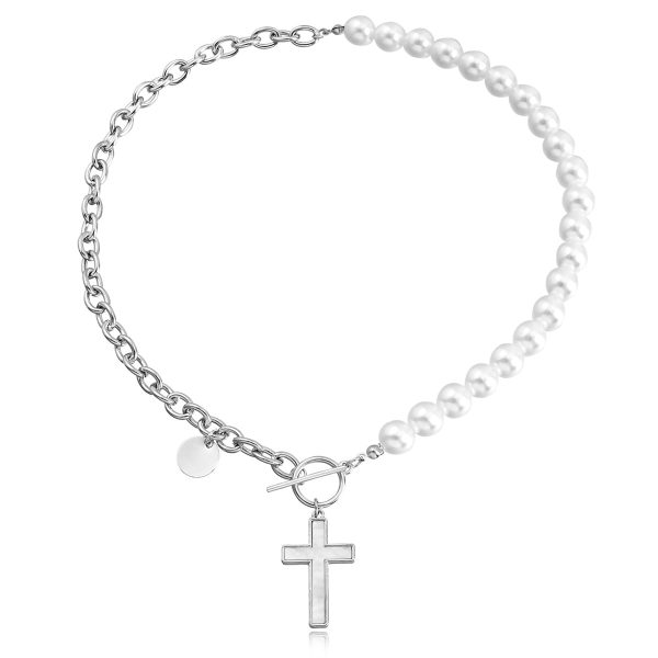 Pearl & Silver-Plated Half-Chain Cross Toggle Necklace Discount