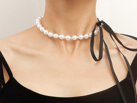 Pearl & Polyster Bow Choker Necklace For Discount