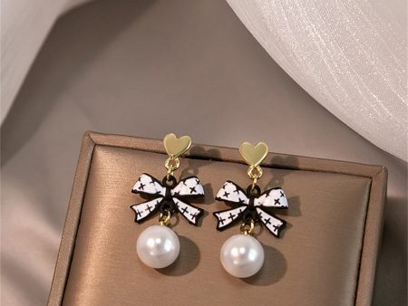 Black Enamel & Pearl 18K Gold-Plated Heart Bow Drop Earrings For Cheap