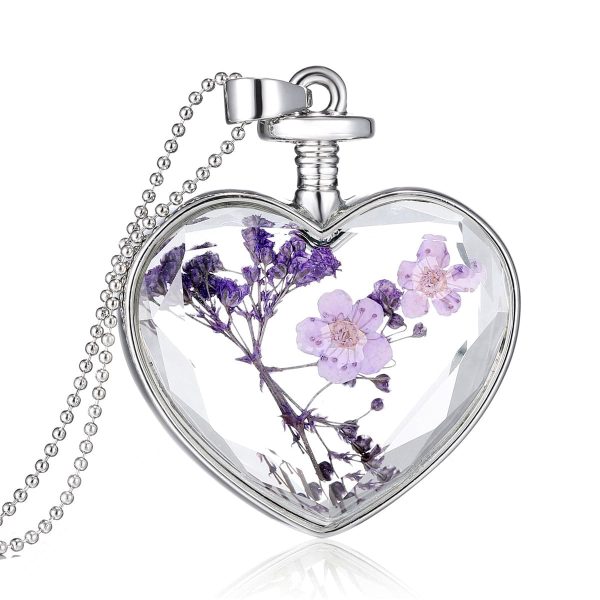 Purple Peach Blossom & Resin Heart Pendant Necklace For Discount