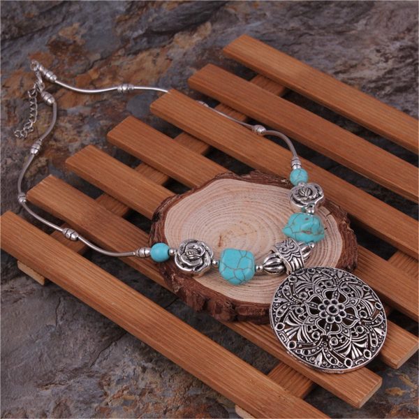 Turquoise & Silver-Plated Floral Plate Pendant Necklace Hot on Sale