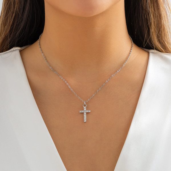 Cubic Zirconia & Silver-Plated Cable Chain Cross Pendant Necklace Cheap