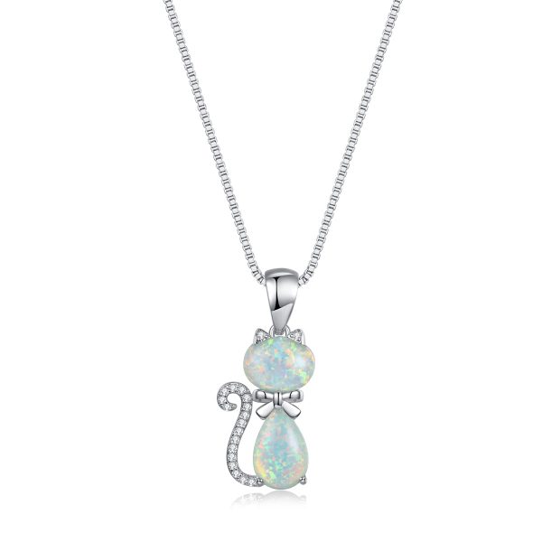 White Opal & Cubic Zirconia Cat Pendant Necklace Online