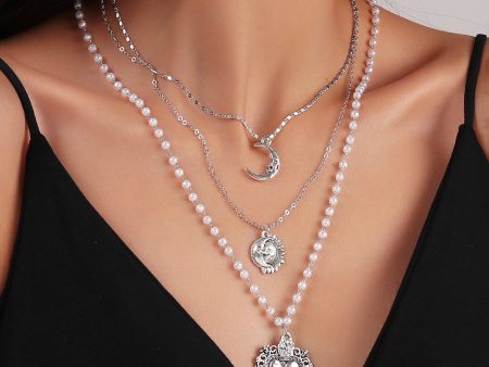 Pearl & Silver-Plated Moon Sun Heart Pendant Layered Necklace Online