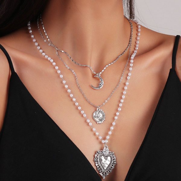 Pearl & Silver-Plated Moon Sun Heart Pendant Layered Necklace Online