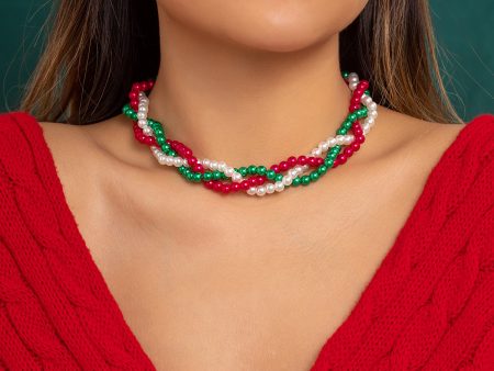 Red & Green Acrylic Pearl Crossing Necklace For Cheap