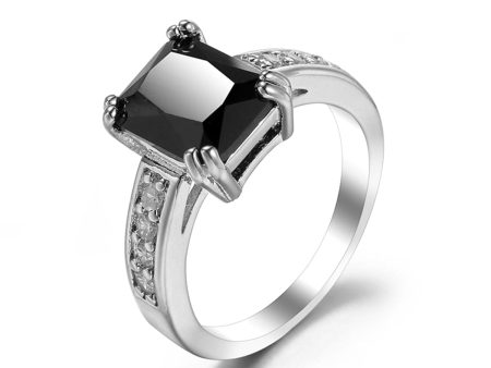 Black Crystal & Silver-Plated Rectangle Solitaire Ring Fashion