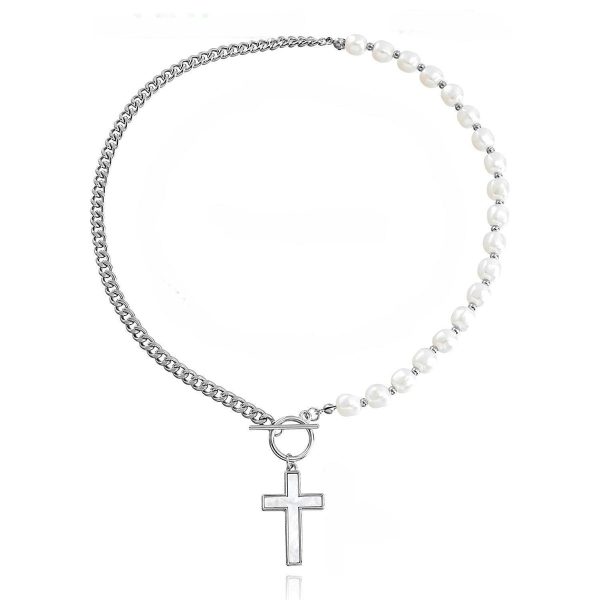 Pearl & Silver-Plated Cross Pendant Patchwork Toggle Necklace on Sale