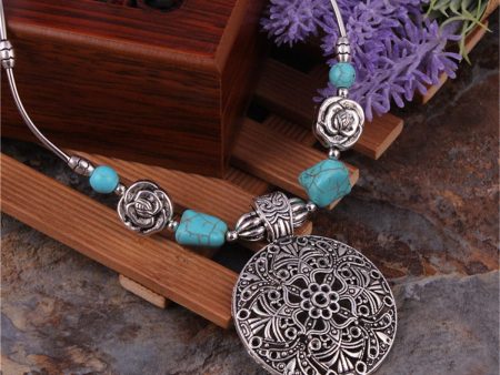 Turquoise & Silver-Plated Floral Plate Pendant Necklace Hot on Sale