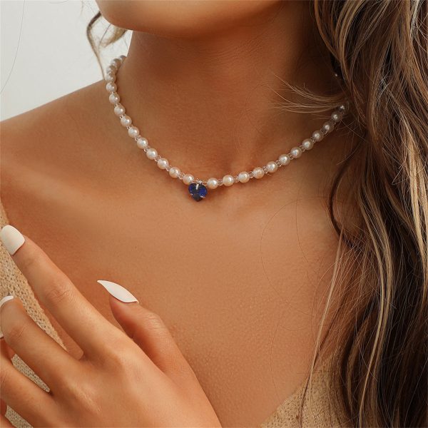 Blue Crystal & Pearl Silver-Plated Heart Pendant Necklace Online now