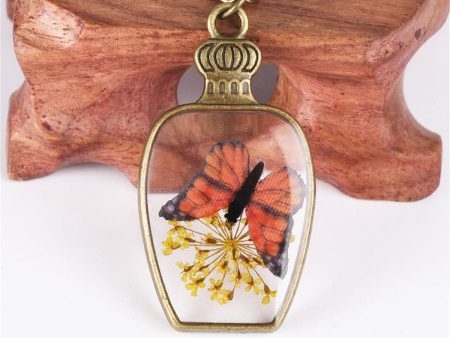 Yellow Gypsophila & Orange Butterfly Vase Pendant Necklace For Sale