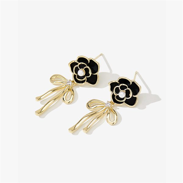 Black Enamel & Pearl Cubic Zirconia-Accent Camellia Bow Drop Earrings Discount