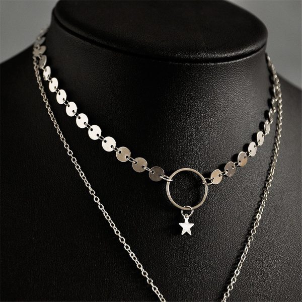 Silver-Plated Disc Star Layered Choker Necklace For Sale