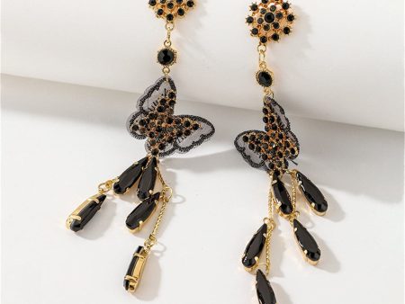 Black Cubic Zirconia & Black Crystal Butterfly Tassel Drop Earrings Sale