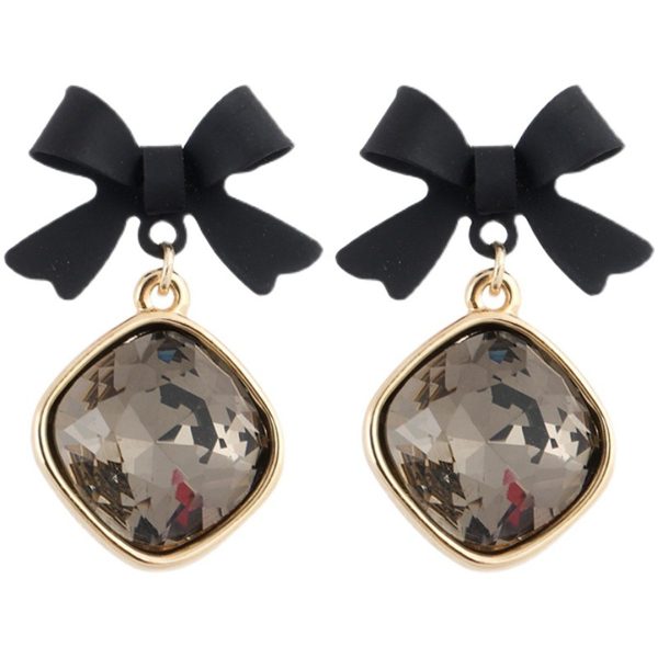 Black Enamel & Crystal Bow Drop Earrings Online