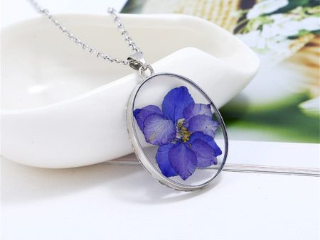 Purple Pressed Violet & Silver-Plated Oval Pendant Necklace Online