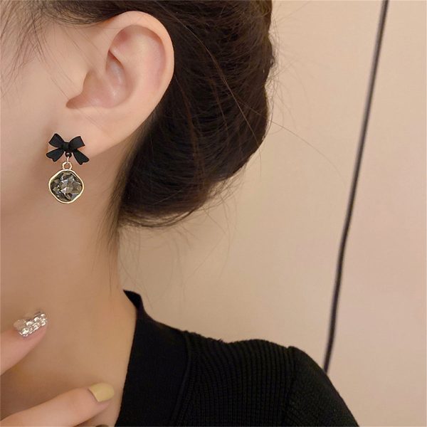 Black Enamel & Crystal Bow Drop Earrings Online