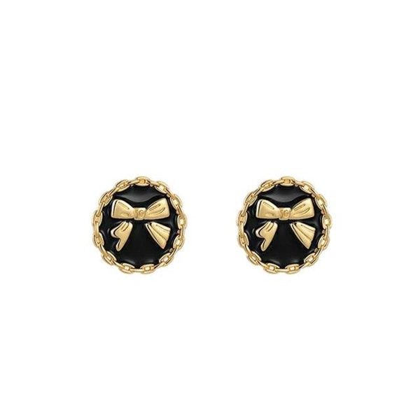 Black Enamel & 18K Gold-Plated Bow Round Stud Earring Supply