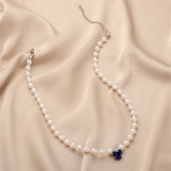 Blue Crystal & Pearl Silver-Plated Heart Pendant Necklace Online now