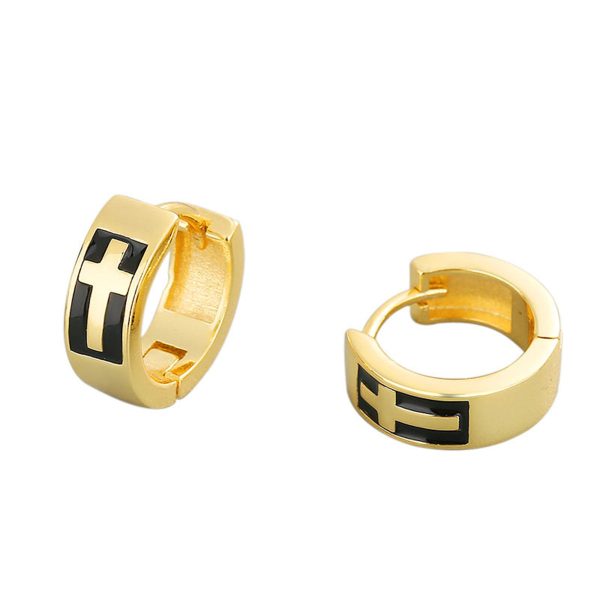 Black Enamel & 18K Gold-Plated Cross Huggie Earrings Supply