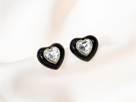 Black Enamel & Crystal 18K Gold-Plated Heart Stud Earrings Cheap