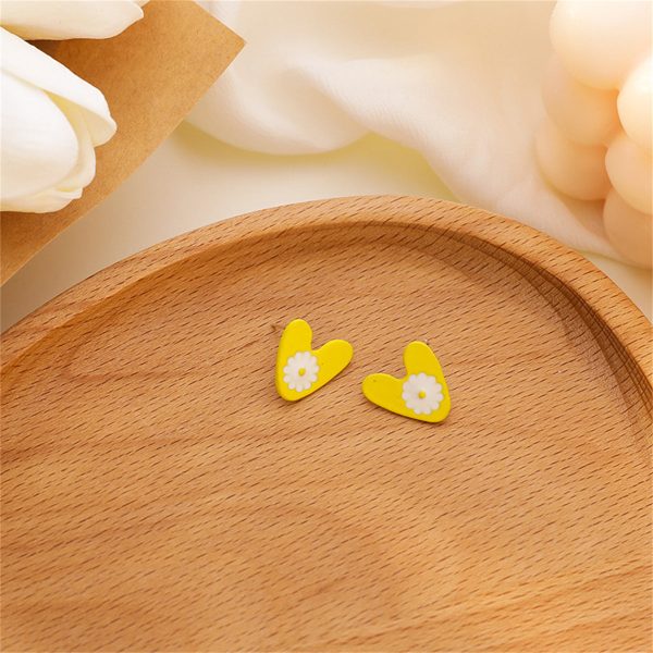 Yellow Enamel & Silver-Plated Heart Daisy Stud Earrings Discount