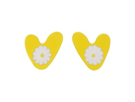 Yellow Enamel & Silver-Plated Heart Daisy Stud Earrings Discount