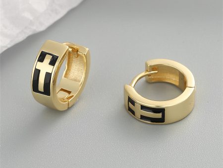 Black Enamel & 18K Gold-Plated Cross Huggie Earrings Supply