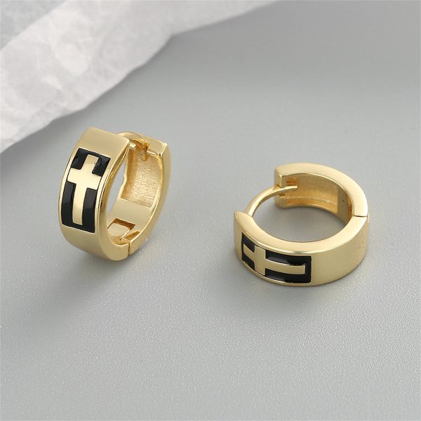 Black Enamel & 18K Gold-Plated Cross Huggie Earrings Supply