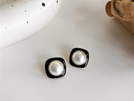 Black Enamel & Pearl Square Stud Earrings on Sale