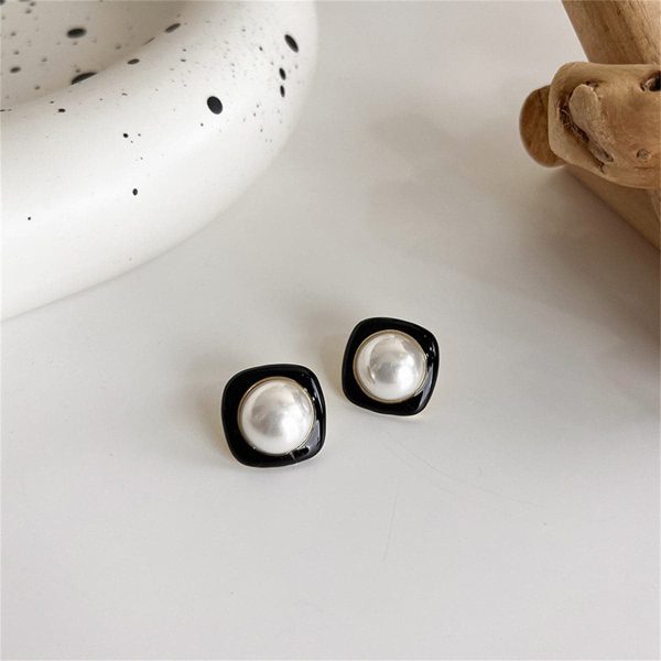 Black Enamel & Pearl Square Stud Earrings on Sale