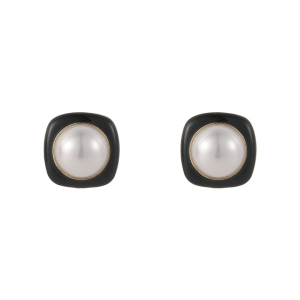 Black Enamel & Pearl Square Stud Earrings on Sale